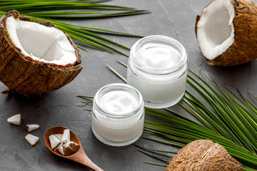 Homemade coconut cream - still life with spoon - on grey background