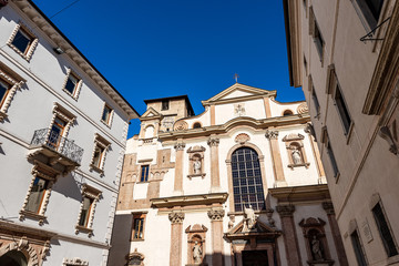 Fototapeta na wymiar Trento city, the facade of the Church of San Francesco Saverio in Baroque style (1711), Trentino-Alto Adige, Italy, Europe