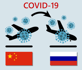 Novel corona virus disease Covid-19, 2019-nCoV, icon of departure of coronavirus-charged plane from China and arriving in Russia. Pandemic concept of international SARS infection