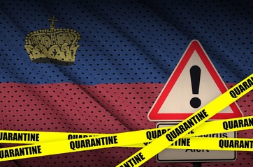 Liechtenstein flag and Covid-19 quarantine yellow tape. Coronavirus or 2019-nCov virus