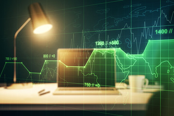 Abstract creative stats data concept on modern laptop background. Multiexposure