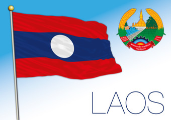 Laos official national flag and coat of arms, asiatic country, vector illustration