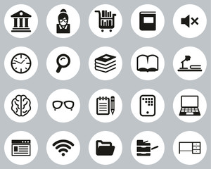 Library Or Study Icons Black & White Flat Design Circle Set Big