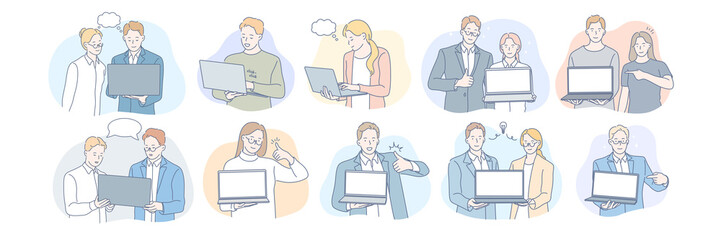 Businesspeople with laptops set concept. Team of business men and businesswomen clerks with laptops in office. Advertising promotion. Office teamwork, coworking meeting presentation approval. Vector