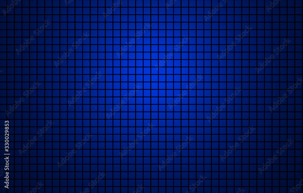 Poster texture and pattern of blue squares on a black background with center lighting.