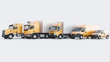 Various Commercial Land Vehicles in Yellow Color on White Background 3D Rendering