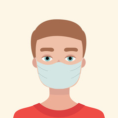 Young man in medical mask. Concept of protection against viruses, flu, coronavirus. Prevention of an epidemic. Flat vector illustration.
