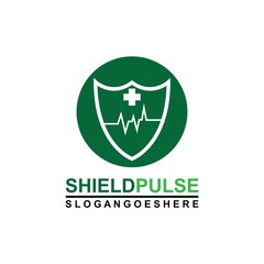 Shield, Pulse are green and cross Logo Template Design Vector for Business Medical, Emblem, Design concept, Creative Symbol, Icon