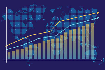 Financial growth chart with trend line graph. World map with bar chart. Growth bar chart of global economic. Vector illustration on dark blue background.