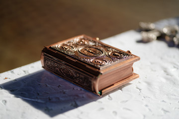 Bible or prayer book on table in Orthodox Church
