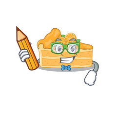 A smart student cheesecake orange character with a pencil and glasses