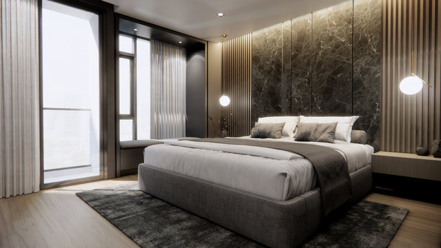 interior of modern luxury bedroom with double bed and marble wall, 3D rendering