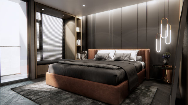 interior of modern luxury bedroom with double bed, 3D rendering