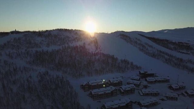 Sunrise Drone Shot Over Snow Covered Village Of Geilo