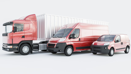 Semi Container Truck Lined Up with Red Delivery Vans on White Background 3D Rendering