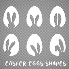 Easter eggs shapes with bunny ears silhouette - traditional symbol of holiday, big set. Simple eggs hunt design collection. Vector illustration for poster, card or banner. - 330035094