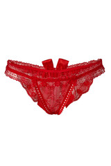 Subject shot of red lace panties with frilling and a silk bow on the back side. The sexy thong with flower tracery is isolated on the white background.