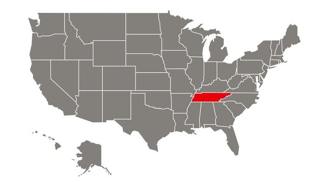 Tennessee federal state blinking red highlighted in map of USA