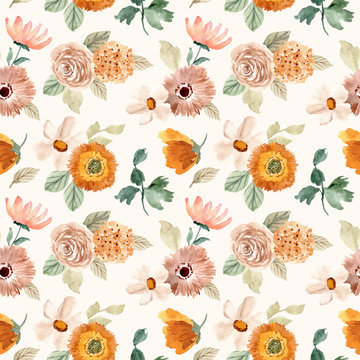 beige orange floral watercolor seamless pattern