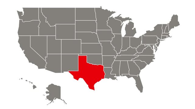 Texas federal state blinking red highlighted in map of USA