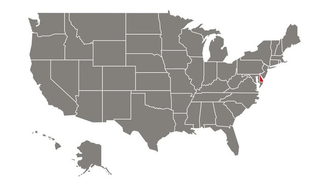 Delaware federal state blinking red highlighted in map of USA