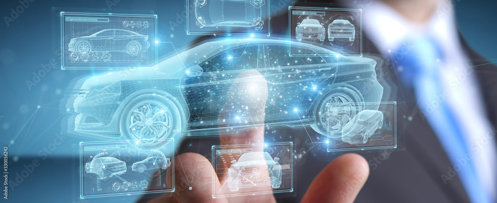Aufkleber man holding and touching holographic smart car interface projection 3d rendering