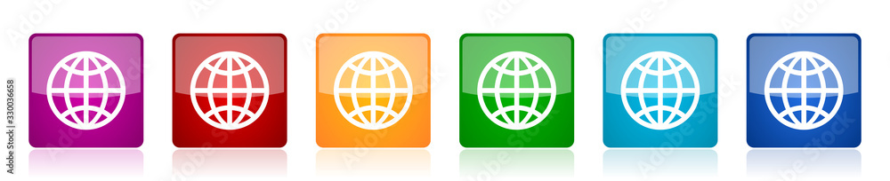 Poster Globe icon set, colorful square glossy vector illustrations in 6 options for web design and mobile applications