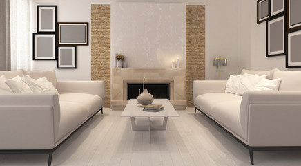 3d rendering of a living room with fireplace and modern furniture. Minimalism, simple details, white color and candles, brick walls and decorative moldings - is what makes a unique interior.