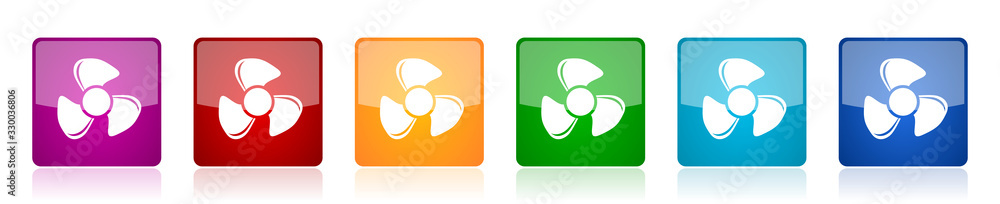 Poster Fan icon set, colorful square glossy vector illustrations in 6 options for web design and mobile applications