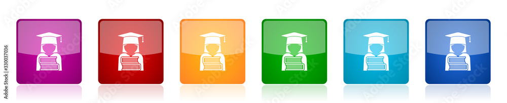 Fototapete student icon set, books education, knowledge colorful square glossy vector illustrations in 6 option