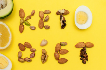 Flat lay ketogenic diet.The inscription 'KETO DIET" is made of nuts and egg.Frame of avocado,eggs,lemon,nuts on the yellow background,top view.Concept of healthy food.