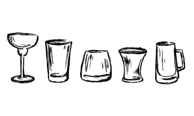 Vector Set of Sketch Cocktails and Alcohol Drinks, bar. beer, wine, whiskey
