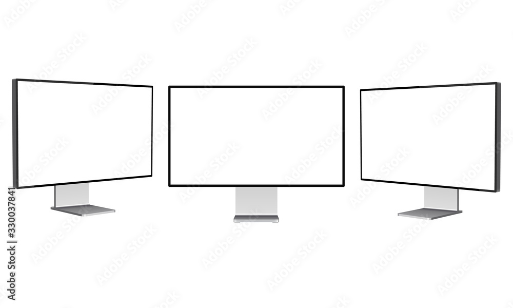 Poster set of modern computer monitors mockups with blank screens isolated on white background. vector illu