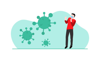 Vector illustration of man in red shirt and surgical mask with hands raised in fear, afraid of coronavirus. Three green viruses or germs are against a lighter background which is isolated on white.
