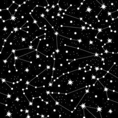 Zodiac constellation seamless pattern. White constellations and stars on a black background. Horoscope signs in the starry sky. The space of the galaxy. For printing design, textiles, packaging paper.