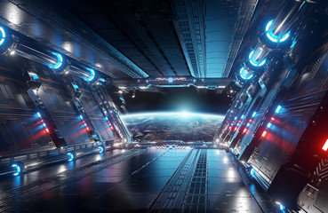 Blue and red futuristic spaceship interior with window view on planet Earth 3d rendering © sdecoret