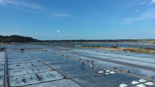Aerial video of salt fields in Binh Dinh province in Vietnam