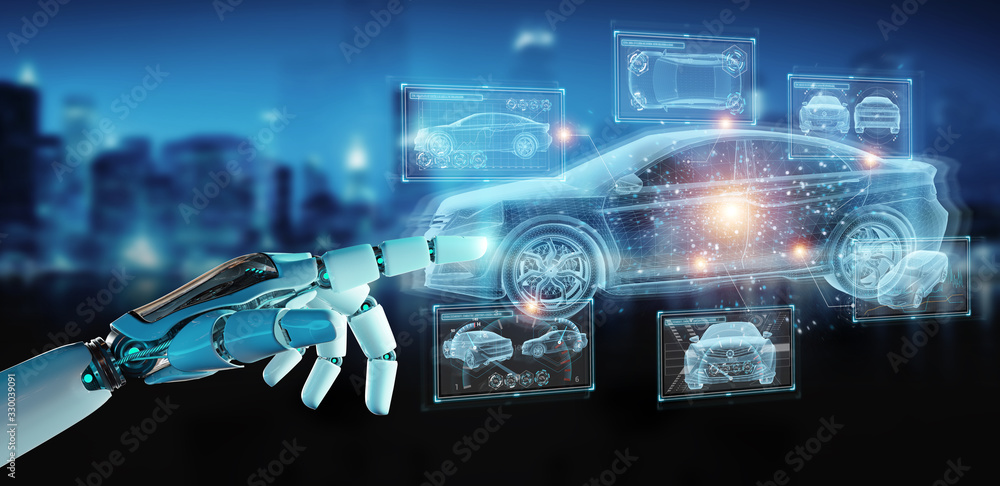 Aufkleber robot hand holding and touching holographic smart car interface projection 3d rendering