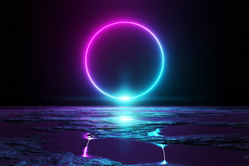 Abstract background with blue and pink neon light circle reflecting in the water 3D rendering