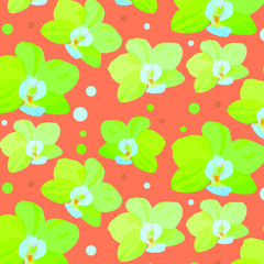 Tropical pattern with yellow flowers of orchids. Tropical floral wallpaper on a colored background. Exotic textile print.