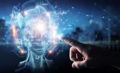 Man hand using digital artificial intelligence holographic projection 3D rendering