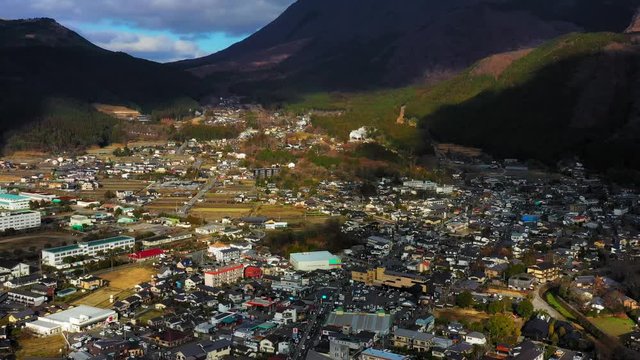 Panoramic cityscape view at Japanese town Yufuin in Oita district 