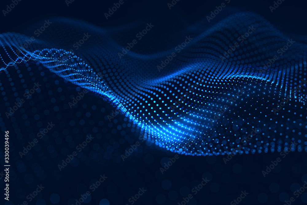 Leinwandbilder moving neon blue dots pattern forming a digital network connection on dark background