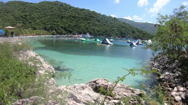 Clip of adventure park for kids in water  in Labadee island, Haiti