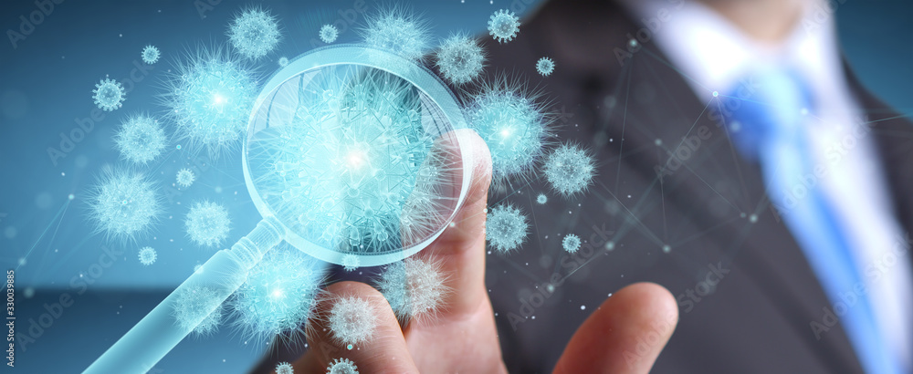 Aufkleber Man analyzing holographic cell projection through magnifying glass 3D rendering