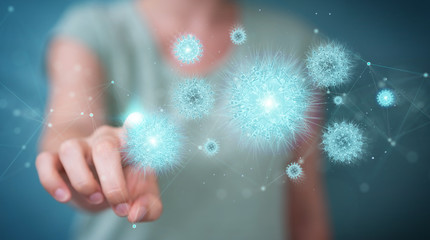 Woman analyzing bacteria with digital holographic projection close-up 3D rendering