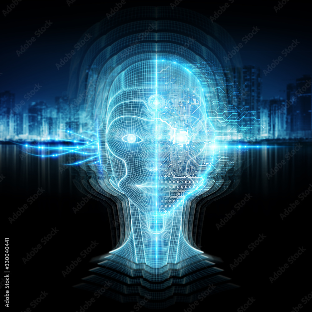 Aufkleber intelligent machine with a robotic cyborg head concept 3d rendering