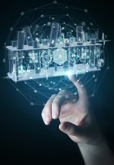 Man hand holding and touching holographic tubes samples projection 3D rendering