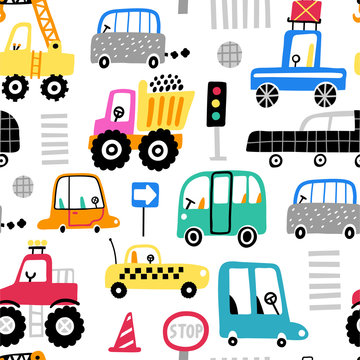 Seamless pattern with cute cars. Cartoon cars, road sign, zebra crossing vector illustration.