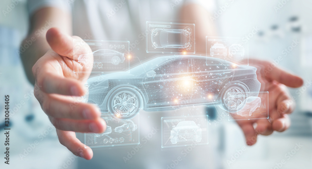 Aufkleber man holding and touching holographic smart car interface projection 3d rendering